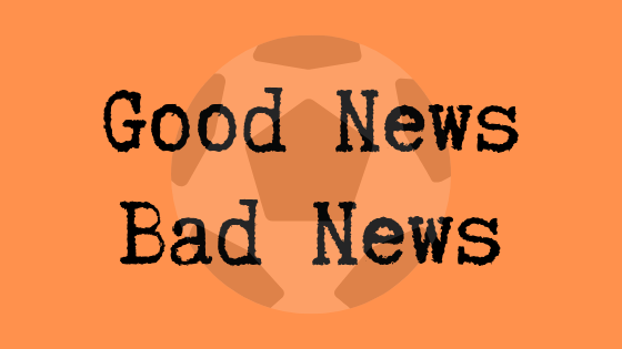 Good News Bad News on orange background with transparent soccer ball